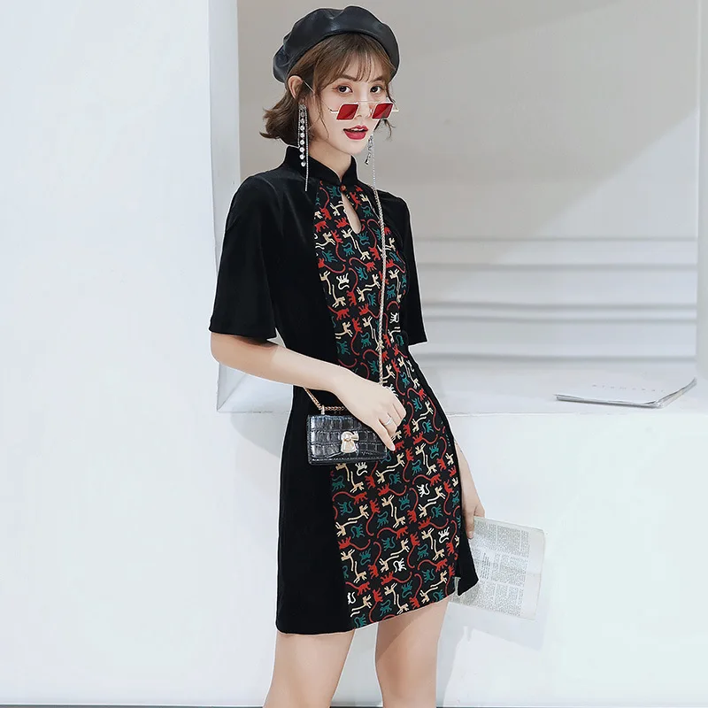 Cheongsam новое осеннее и зимнее модное ретро улучшенное платье cheongsam короткое повседневное тонкое бархатное платье cheongsam китайское платье