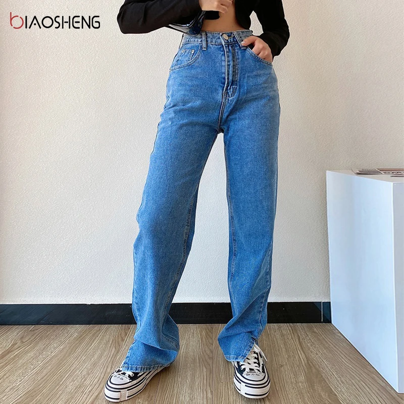 Las mujeres Pantalones pierna recta Jeans de cintura alta de mujeres Slim suelto Otoño Invierno Pantalones Casual dividido lavado mamá pantalones de moda