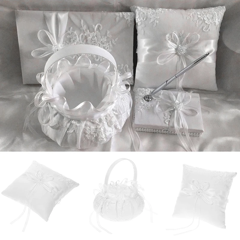 

Basket Ring Pillow Sign In Book & Pen Smooth Satin Fabric White Souvenir Set
