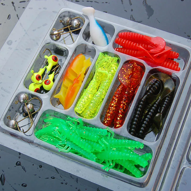 35Pcs Soft Worm Fishing Bait Lure+10Pcs Lead Jig Head Hooks Combo Set Artificial Fishing Tackles FOU99