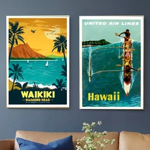 Verano surf en Waikiki Hawaii viajes lienzo pintura pared vintage Kraft carteles recubiertos pegatinas de pared decoración del hogar foto regalo