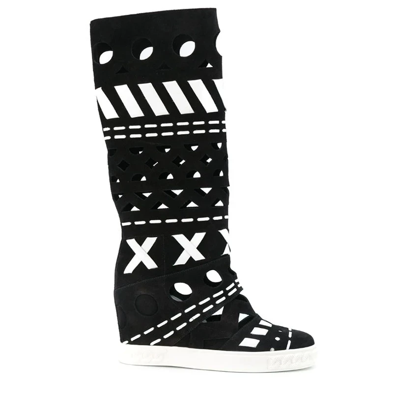 Black White Suede Cross Braided Patchwork Boots Woman 8cm Inner Increased Wedge Heel Knee Boots Geometric Cutout Roman Botas