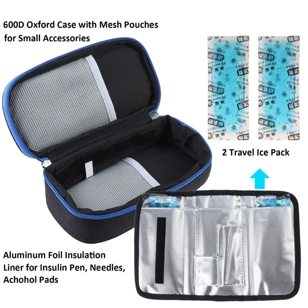 Medical Travel Cooler Bag Oxford Fabric Insulin Cooling Case with 2 Ice Packs for Diabetics Medication Cool