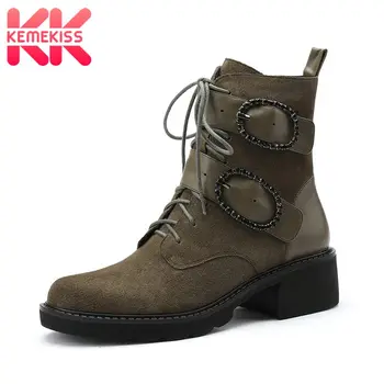

KemeKiss Women Ankle Boots Real Leather Buckle Square Heel Women Short Boots Fashion Winter Shoes Women Footwear Size 34-39