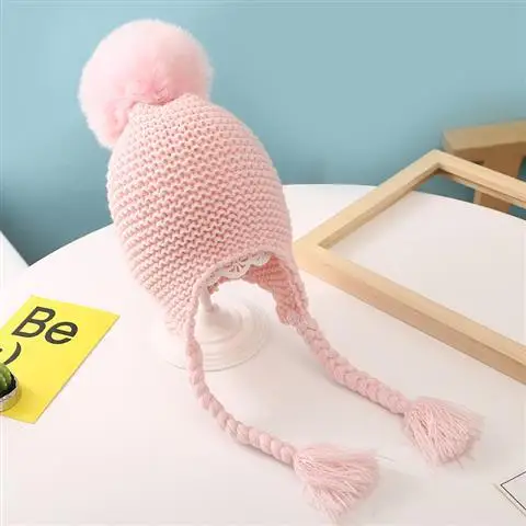PINK Детская шапка, мягкий мех ручной работы, детский чепчик, детская шапка для мальчиков и девочек, шапка с помпоном, вязаные шапки и повязки на уши, детская шапка - Цвет: PINK