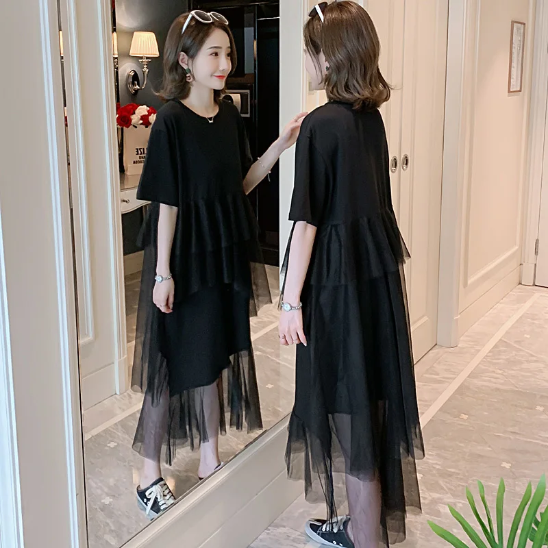 

#2330Summer Spliced Mesh Irregular Cotton Tshirts Dresses For Women Black Short Sleeve O-neck T-shirt Dress Woman Korean Clothes