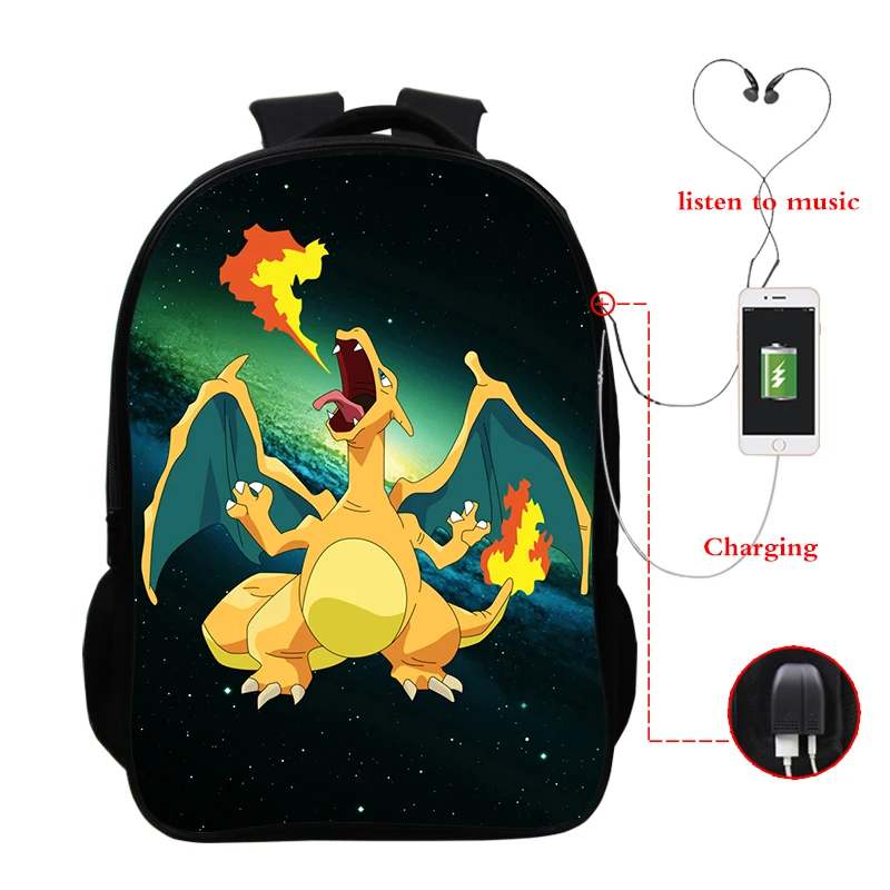 165-dff-11-15-125 Galaxy Charizard рюкзак с зарядкой через Usb 16 дюймов Pokemon дорожные сумки через плечо Водонепроницаемая школьная сумка для мальчиков и девочек - Цвет: 165-dff-11-15-125