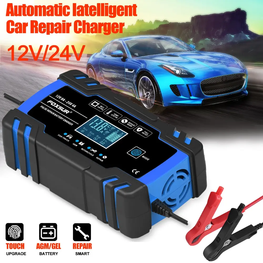 

Smart charger for car UK/US/Europe Car Battery Charger 12/24V Touch Screen Pulse Repair Fast Power Charging digital LCD Display