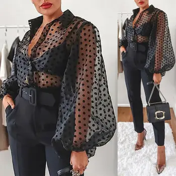 

Meihuida Women Mesh Sheer Blouse See-through Lantern Long Sleeve Blouse Fashion Pearl Button Transparent Shirt Female Blusas