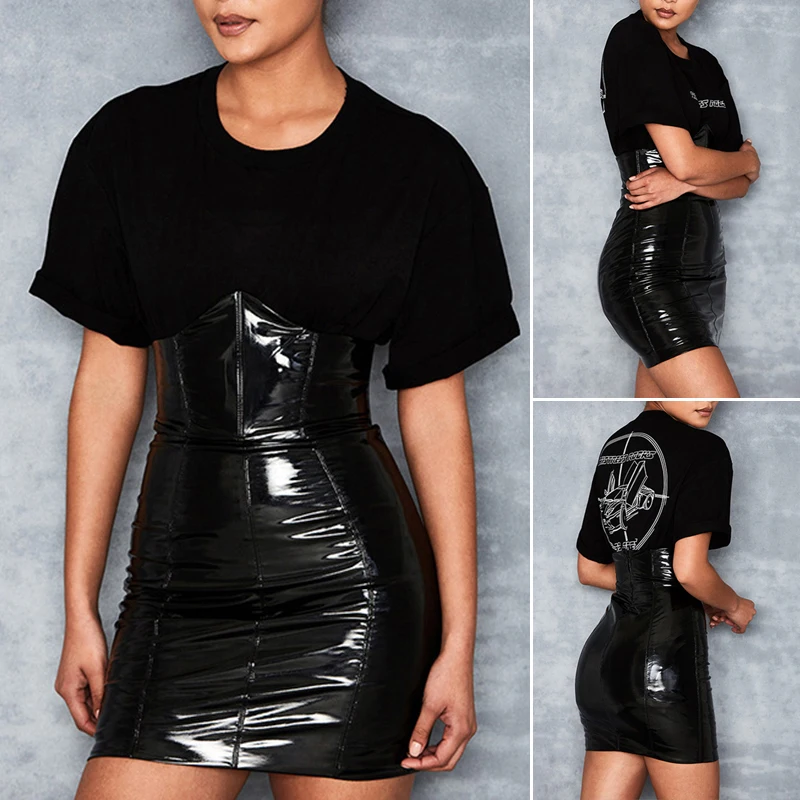 Черная Женская высокая талия Bodycon PU кожа стрейч бизнес OL карандаш миди юбка