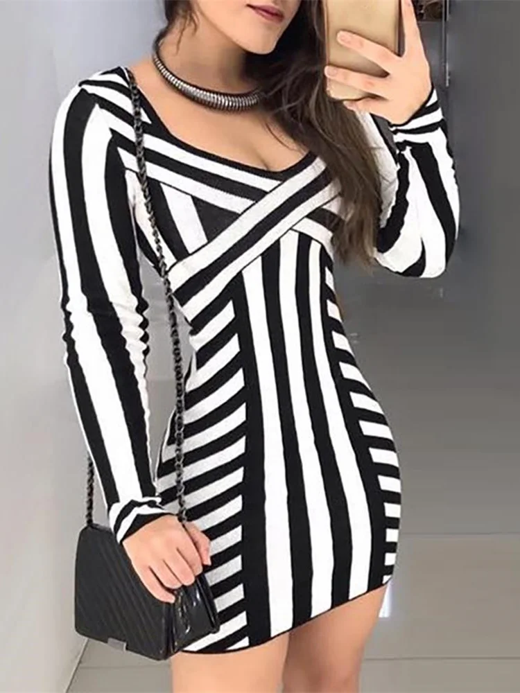 striped long sleeve bodycon dress