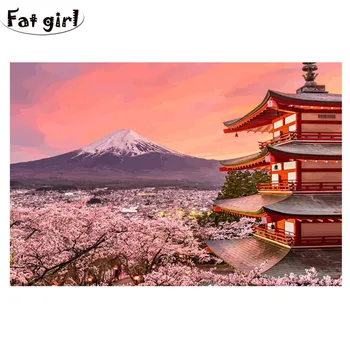 

Japanese volcanoes and buildings 5D Mosaic picture rhinestone Diamond Painting Cross Stitch Kits Cherry blossoms Embroidery