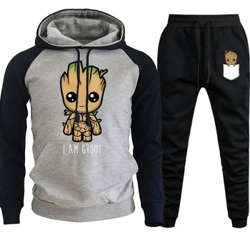 

Autumn Winter 2019 Groot Hoodie Guardians Of The Galaxy Streetwear Raglan Mens Hooded Suit Casual Pullover+Pants 2 Piece Set