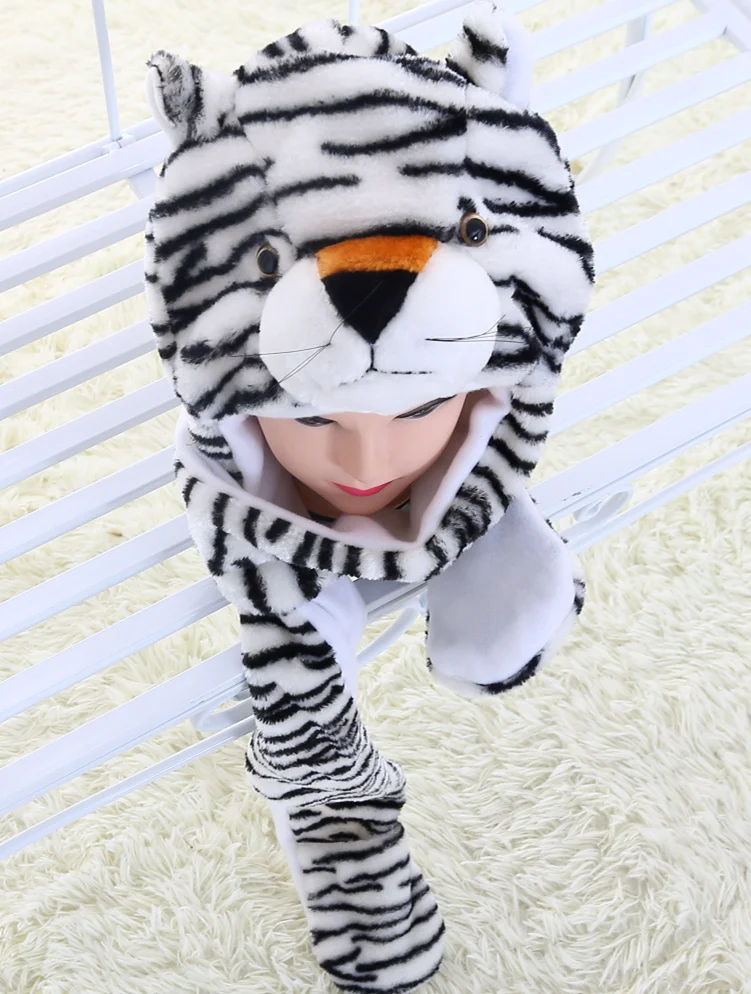 JOYHY Unisex Winter Plush Costume Hat with Paws Animal Hats White Tiger 