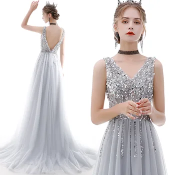 

Grey Prom Dress Beading Long V-Neck Appliques with Flowers Handmade Side Split Tulle Formal Evening Gowns Girl Party Dress Gradu