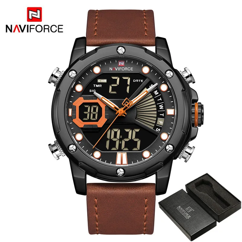 NAVIFORCE, мужские часы, цифровые, спортивные, Лидирующий бренд, Роскошные, мужские наручные часы, Военный стиль, натуральная кожа, светодиодный, кварцевые, модные мужские часы, 9172 - Цвет: NA917205 with box