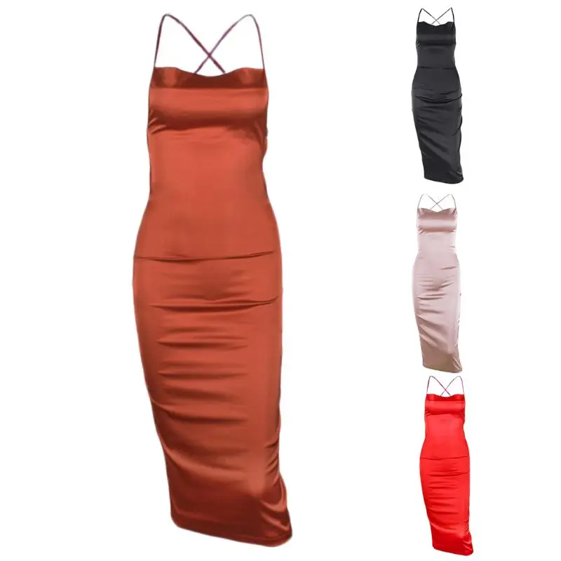 

Women Sexy Halter Bodycon Satin Midi Dress Cross Bandage Backless Party Clubwear