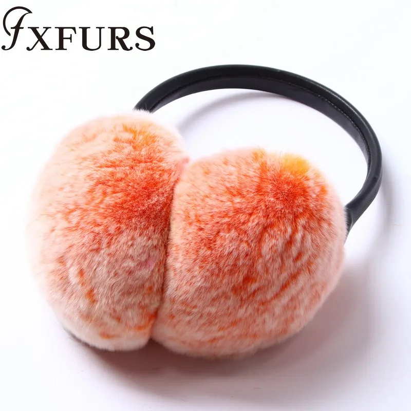 orange snow tops FXFURS/ женские модные меховые наушники с кроликом Рекс, с кожаной полкой, зимние теплые меховые наушники для девочек, меховые наушники - Цвет: orange snow tops