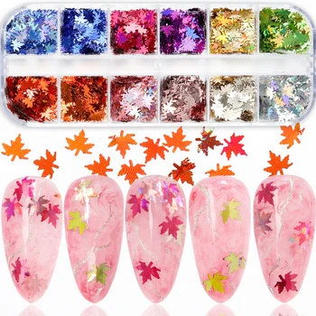 

12Grids/Set Holo Maple Leaves Nail Art Decorations Yellow Red Sequins Chameleon Stickers Nail Glitter Flakes Autumn Design Decor