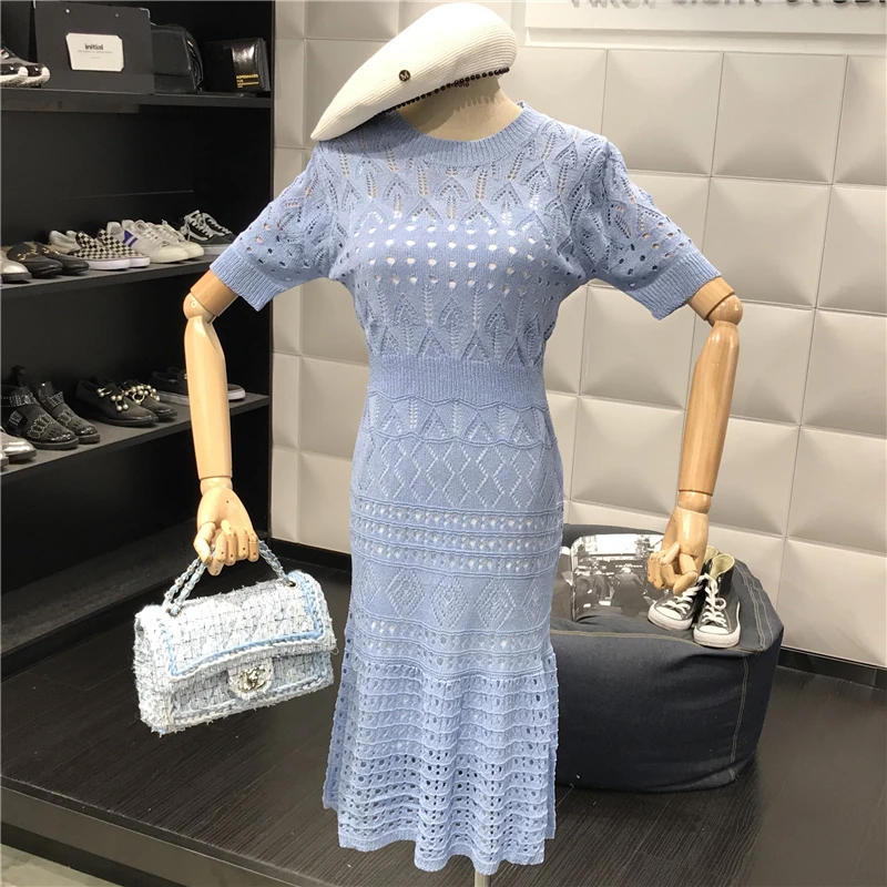 Небесно-голубой ALPHALMODA элегантное женское ажурное трикотажное платье круглый воротник; слим с коротким рукавом, платье-пачка+ платье на бретельках, комплект из 2 предметов - Цвет: Небесно-голубой