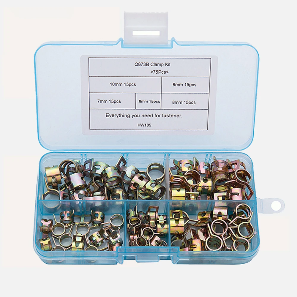 

75Pcs/set 6-10mm Q673B Vacuum Spring Fuel Oil Water CPU Hose Clip Pipe Tube for Band Clamp Metal Fastener Assortment Kit