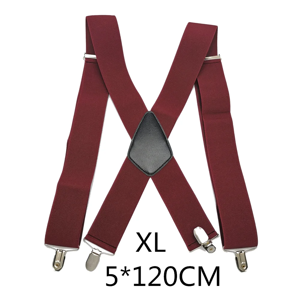 Wine red-120cm 50 мм широкие эластичные регулируемые мужские подтяжки X Back Suspender кожа Крест 4 сильные защитные зажимы удерживающие штаны рабочие подтяжки - Цвет: Wine red-120cm