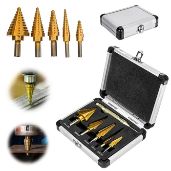 

High Quality 6Pcs HSS 4241 Titanium Coating Drill Bit Set Steel Step Drill Bits Cone Multiple Hole 50 Sizes with Case Kit