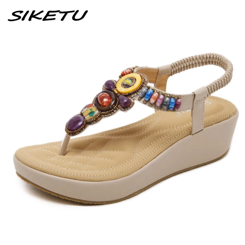 SIKETU 2019 Summer Women Wedge Gladiator sandals Shoes Bohemia String bead Beach Flip flop Platforms Flat Sandals 35-42 | Обувь