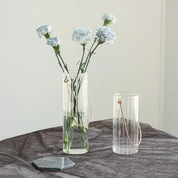 

Cutelife Nordic Ins Simple Metal Portable Striped Transparent Glass Vase Texture Floral Floral Arrangement Hydroponic Home Decor