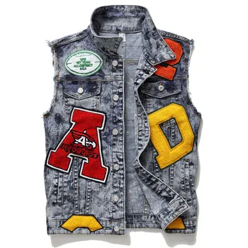 

Men's male Jeans Vest Embroidery Letters Print Spring Autumn Casual Sleeveless Denim Jacket Single Breasted Top Tanks M/3Xl Vest