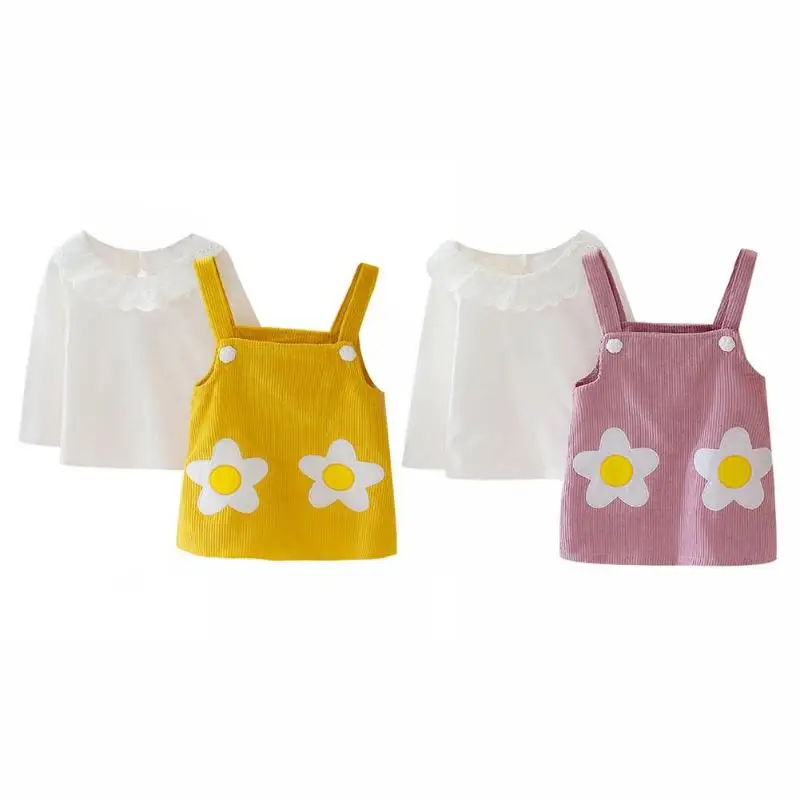 

2pcs Autumn Baby Girls Clothes Set Ruffle Decor Tops Floral Suspender Dress