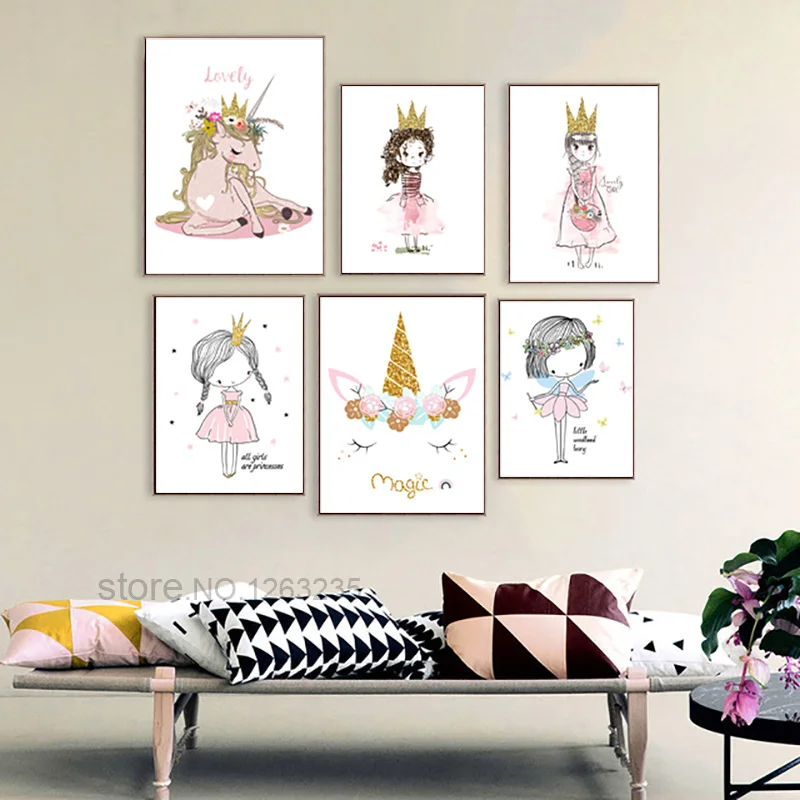 Единорог настенная живопись Принцесса настенные художественные принты питомник