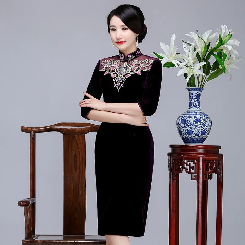 Элегантное женское вечернее платье, винтажное, с бусинами, цветами, Qipao, сексуальное, бархатное, Cheongsam, велюровое, с высоким разрезом, новинка, облегающее, Vestidos