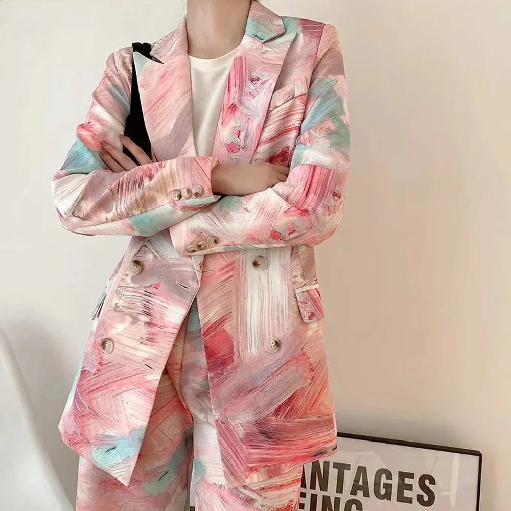 

Women Printed Mixed Color Double Breasted Blazer suit Fashion Tide Spring Autumn New Lapel Long Sleeve Loose Jacket