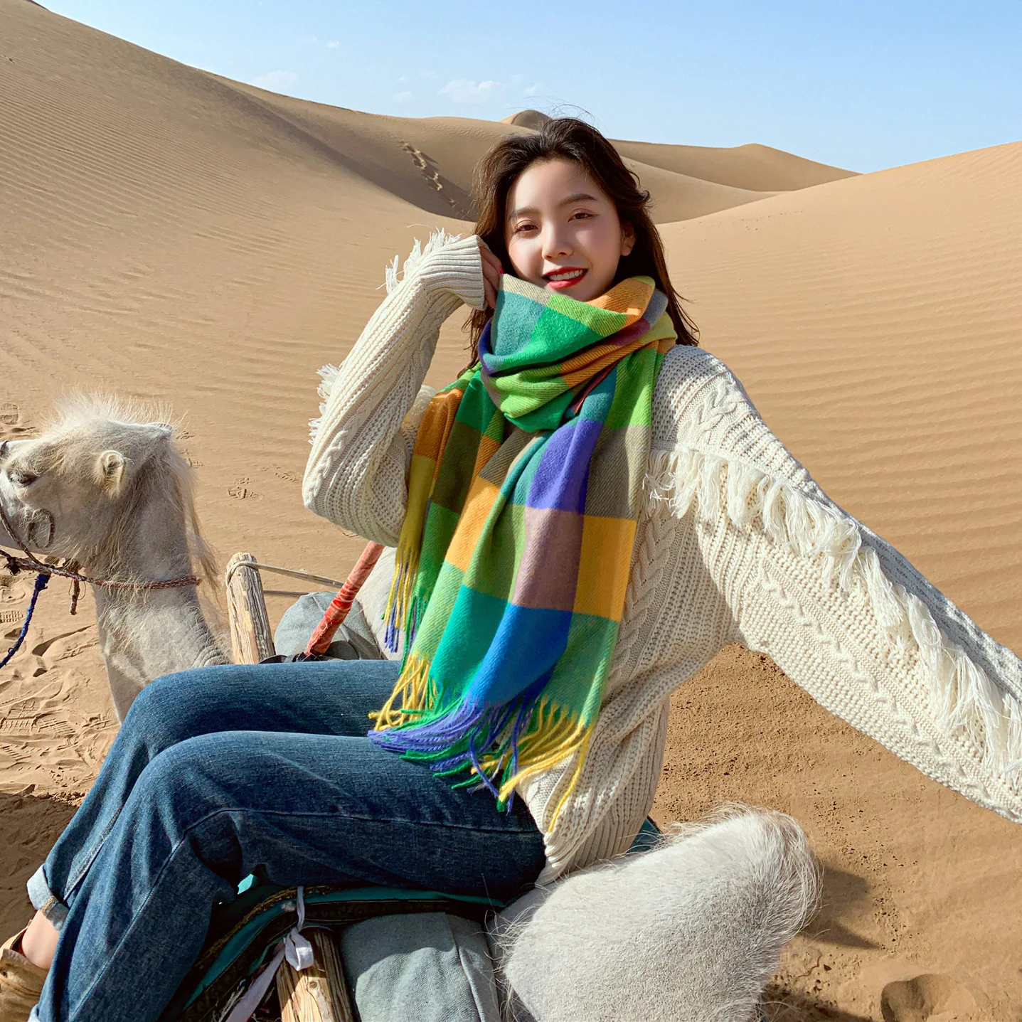 

Scarf Women Autumn/winter Color Plaid Imitation Cashmere Turban Shawl Dual-use Knitted Bib To Keep Warm Scarfs for Ladies