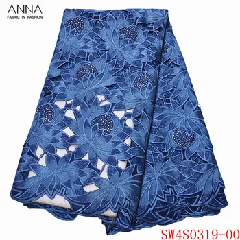 

Anna blue swiss voile lace in switzerland 100% cotton fabric hollow out design embroidered with stones 5 yards/piece for sewing