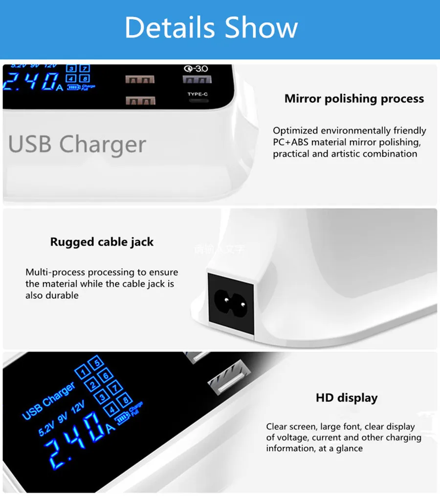 VIKEFON USB зарядное устройство 8 портов Быстрая зарядка 3,0 QC 3,0 светодиодный дисплей для мобильного телефона быстрое зарядное устройство адаптер для iPhone Xiaomi USB-зарядное устройство