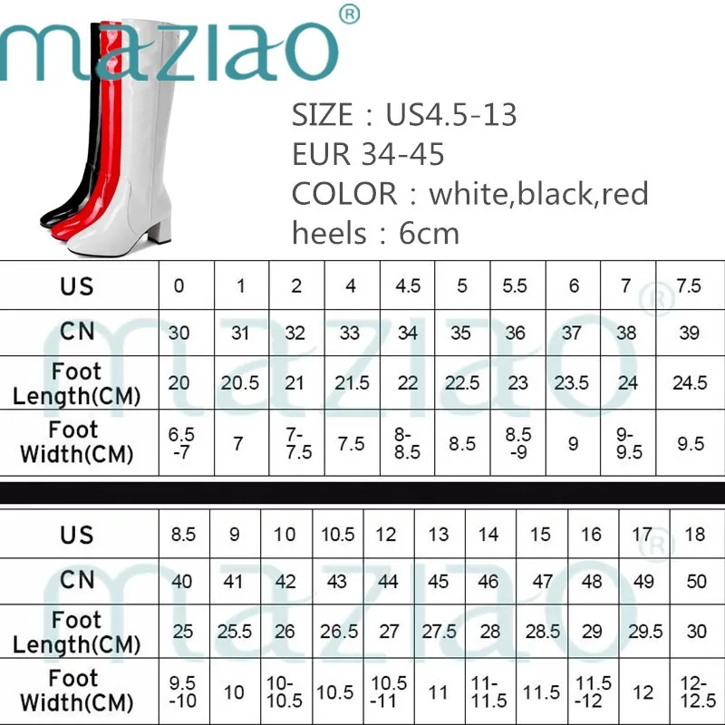 Обувь из лакированной кожи на молнии на высоком каблуке женские сапоги до колена осенне-зимние сапоги обувь с квадратным носком женские большие размеры 34-45 MAZIAO