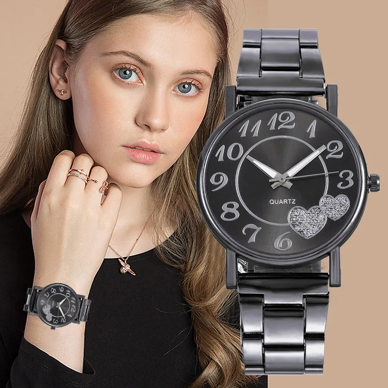 

Fashion Brand Women Wristwatch Stainless Steel Watchband Quartz Watch Heart Pattern Lady Watch Clock