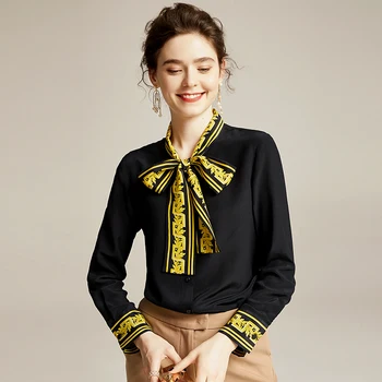 

Office Lady Work Shirt 100% Natural Silk Bow Black Blouse Elegant Fashion Long Sleeve Real Silk Women Blouses Spring Autumn Tops