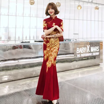 

Noble Mermaid Women Dress Burgundy Lace Embroidery Qipao Oriental Ladies Evening Party Cheongsam Sexy Slim Dresses Gown