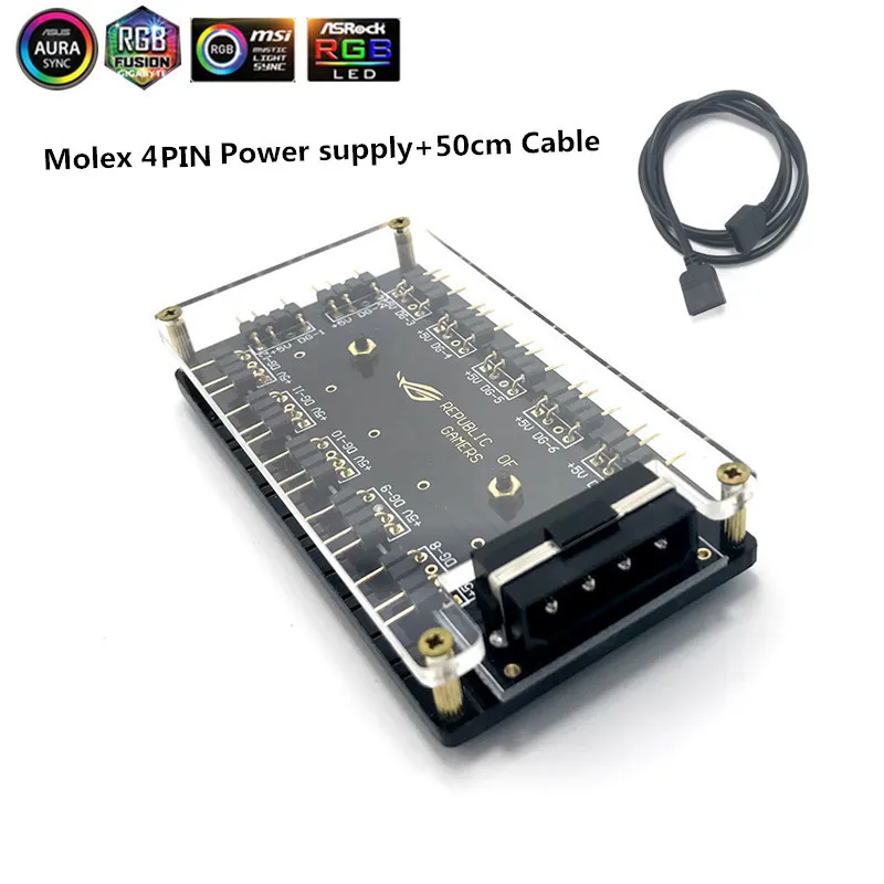 Skup 5V 3 pin RGB Hub interfejs Splitter do Port zasilania Molex 4 P SATA ASUS AURA synchronizacji 3Pin wentylatora płyty głównej