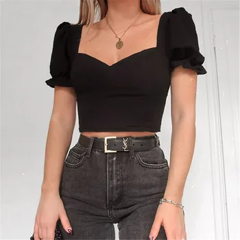 

SUCHCUTE square neck female T-shirt puff sleeve black wild tee summer 2020 streetwear gothic vintage women tee outfits