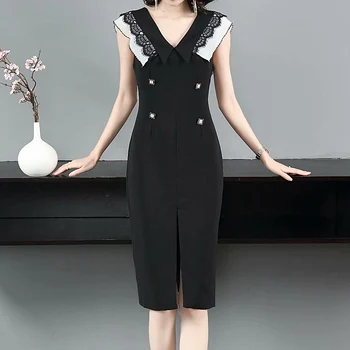 

2020 Summer New Women'S Party Casual Chic Gentlewoman Stitching Black Elegant Pencil Dresses Knee Length
