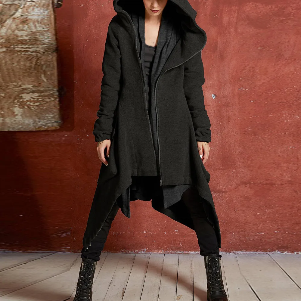 Jaycosin Fashion Women Winter Warm Zipper Asymmetric Solid Hoodie Coat Stylish Long Sleeve Comfortable Soft Coat Overcoat 23#4
