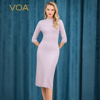

VOA Pure Cashmere Thin Soft Tight 60 PCs Woolen Fabric Half-Collar Cropped Sleeves Back Slit Fit S-Shaped Bag Hip Skirt RA1083
