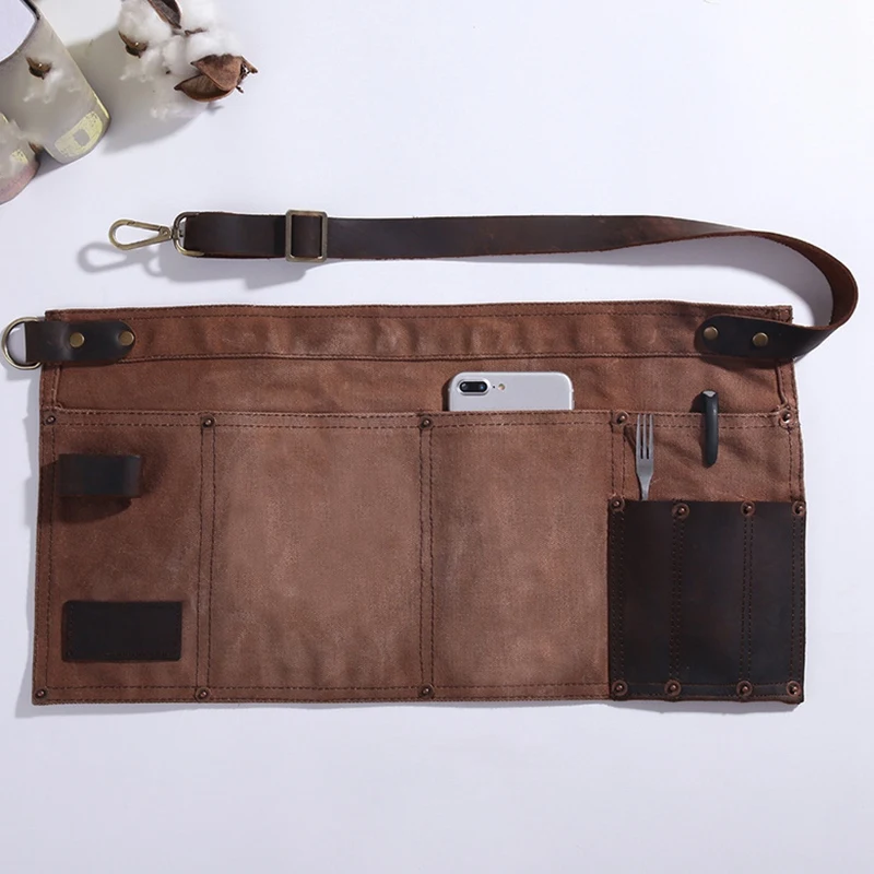 Multi Pocket Apron for Women Real Leather Canvas Half Apron Pocket Waitress Teacher Vendor Utility Server Cosmetic Apron