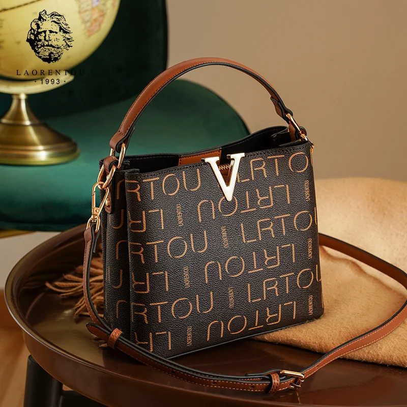 

LAORENTOU Retro Printing Women Messenger Bag PVC Leather Stylish Ladies Shoulder Bag Commute Female Totes Large Capacity Purse