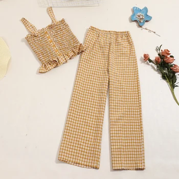 

New Summer Beach Plaid Two Piece Set 2020 Fashion Women Spaghetti Crop Tops And Pants Outfit Female Ruffles Tracksuit Clothes