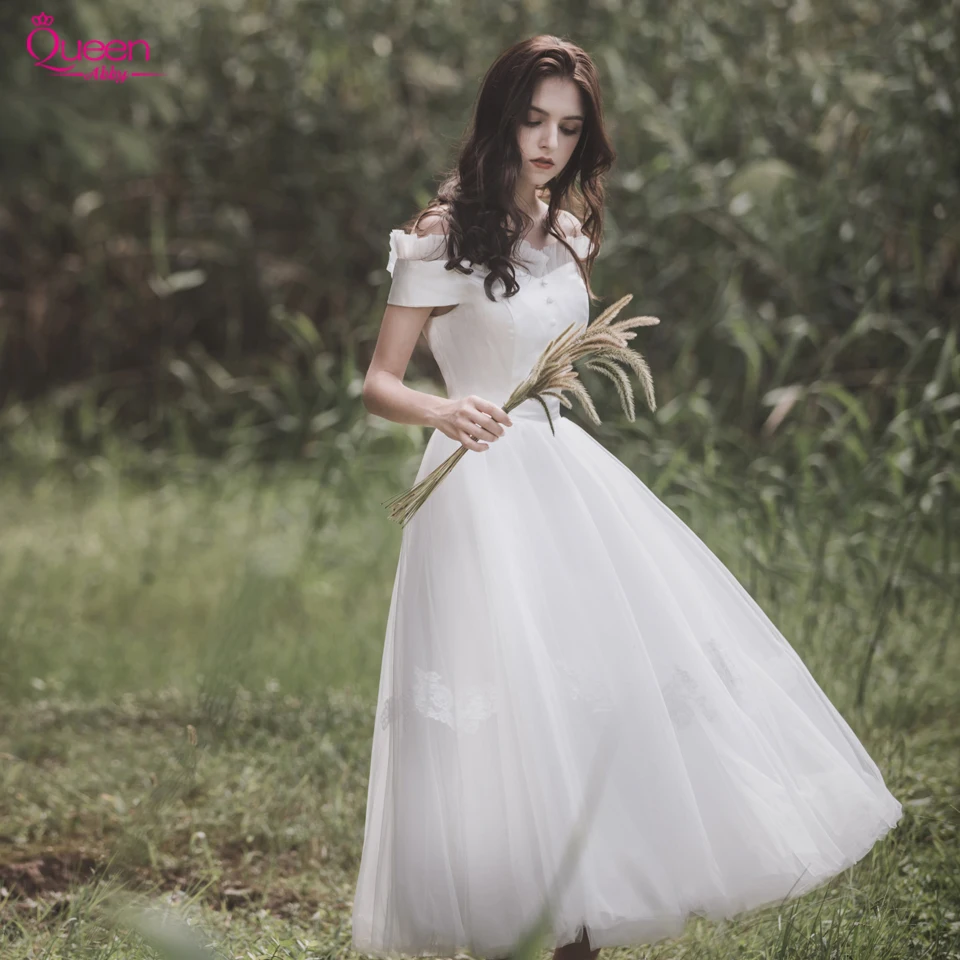 Wedding Dress White A-line Chiffon Bridal Gown Elegant Off-the-shoulder with Beading For Party |